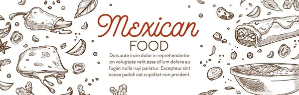 Menu monokrom makanan Meksiko dengan vektor piring - Stok Vektor