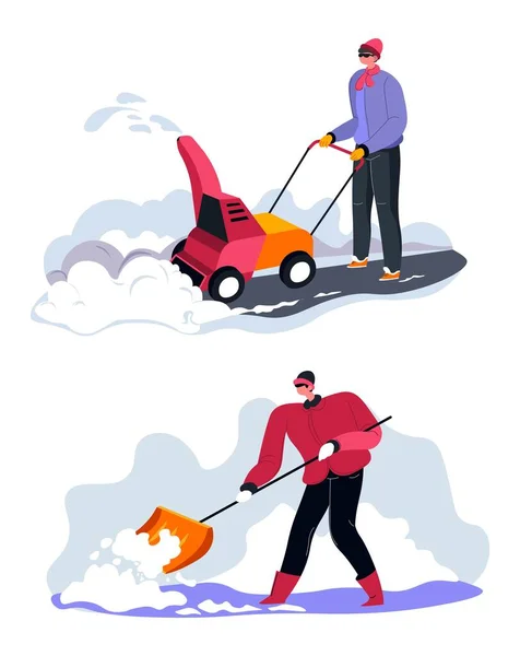Cleaning pavement from snow, blizzard shovelling — Wektor stockowy