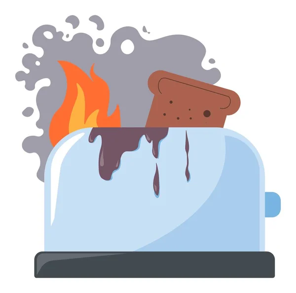 Pão torradeira, aparelho de cozinha danificado em chamas — Vetor de Stock