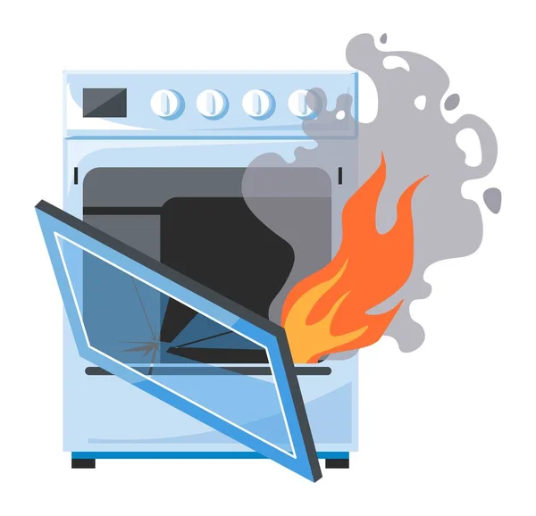 Forno partido ou fogão em chamas, avaria danificada — Vetor de Stock