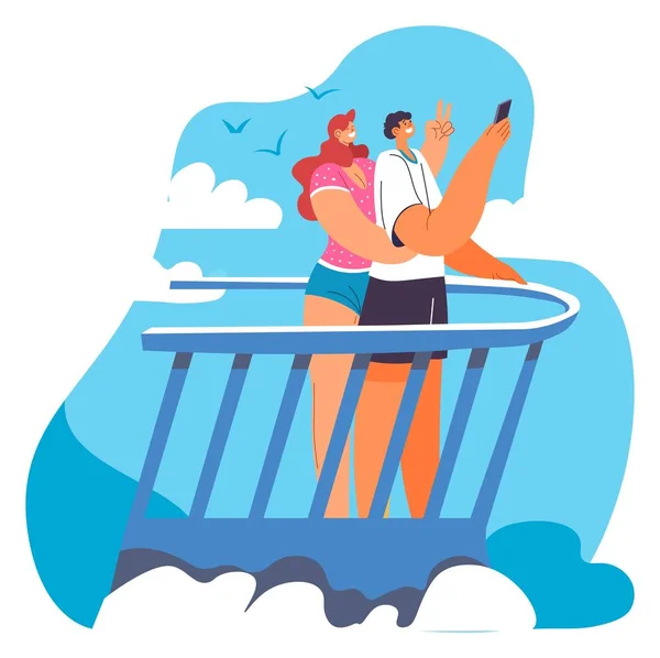 Personnes prenant selfie sur le pont de yacht, voyage d'été — Image vectorielle