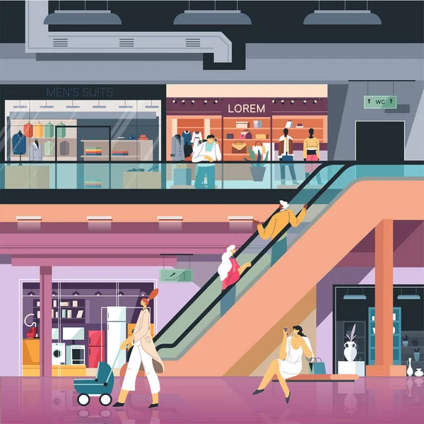 Centre commercial avec boutique et nouveaux magasins vecteur — Image vectorielle