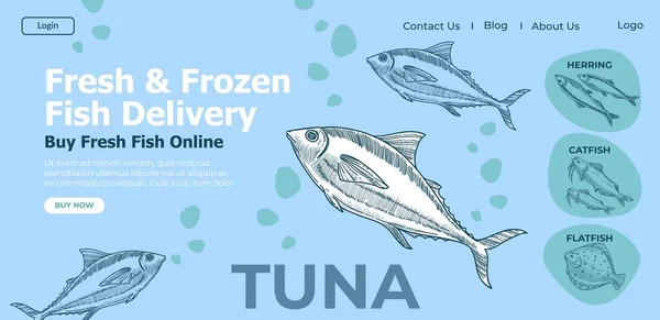 Доставка свіжої та замороженої риби, купити тунець онлайн — стоковий вектор