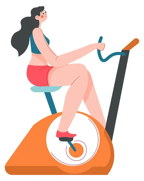 Γυναίκα γυμνάζεται στο γυμναστήριο χρησιμοποιώντας ποδήλατο για καρδιο — Διανυσματικό Αρχείο