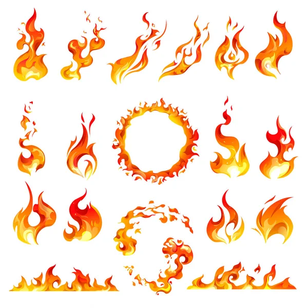Tűz és lángok, kör alakú keret és lángoló égés — Stock Vector