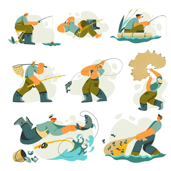 Fishing man with rod and net catching fish vector — Stock Vector