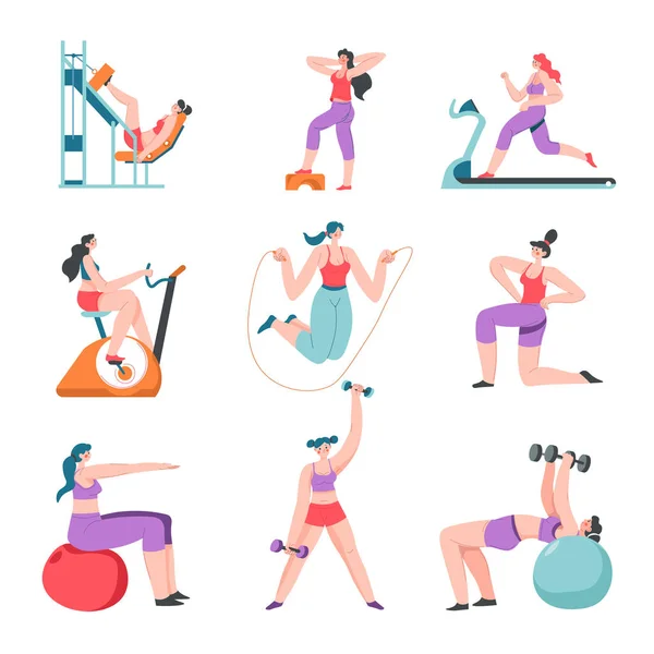 Фитнес и упражнения для женщин, тренировка в тренажерном зале — стоковый вектор