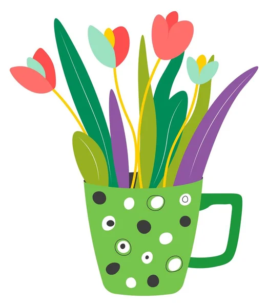 폴카 도트 벡터가 들어 있는 컵 꽃병에 튤립 꽃을 피우는 모습 — 스톡 벡터
