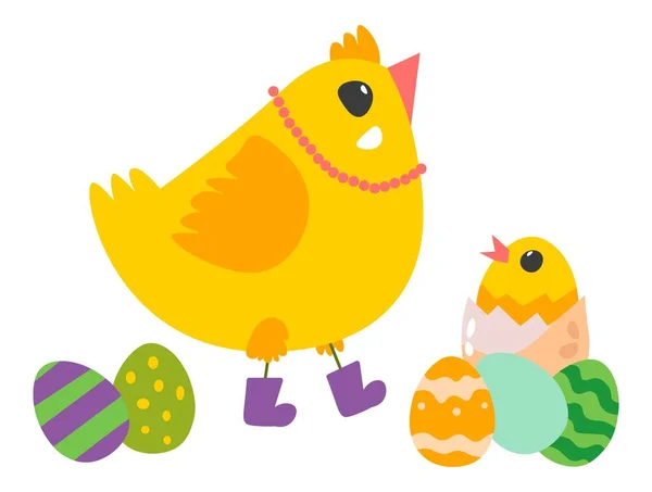 Hen with small chicken and colored eggs on easter — Stock Vector