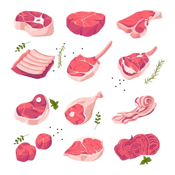 Carne de cerdo, diferentes tipos de surtido en la tienda — Archivo Imágenes Vectoriales