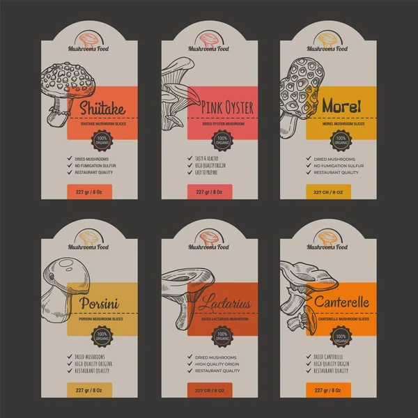 Набір дизайнерських наборів для грибних етикеток, наклейка для сушених продуктів — стоковий вектор