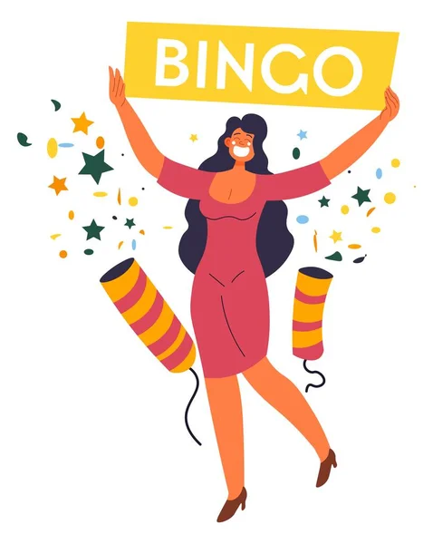 Woman with bingo sign, congrats on winning lottery — Stock Vector