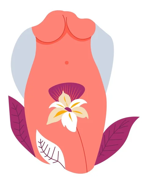 Corpo feminino com flor, mulher nua e planta — Vetor de Stock