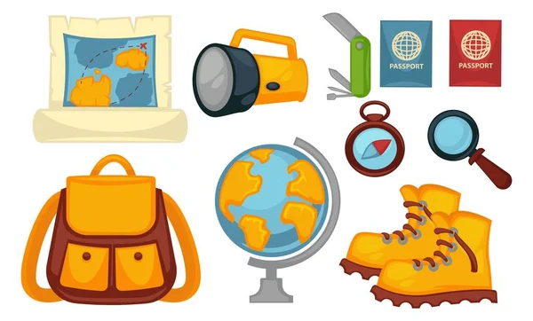 Traveling and summer adventures, bag and globe — Stock Vector