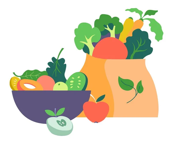 装蔬菜和水果病媒的袋子和碗 — 图库矢量图片