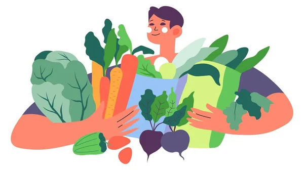 Dieta sana e nutrizione, uomo con verdure — Vettoriale Stock