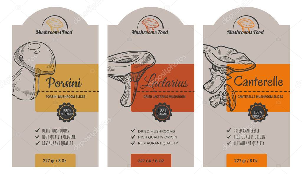 Lactarius and Chanterelle, Porcini mushroom labels with weight and benefits. Organic and natural food, drier pieces, high quality origin, used for restaurants. Package logotypes. Vector in flat