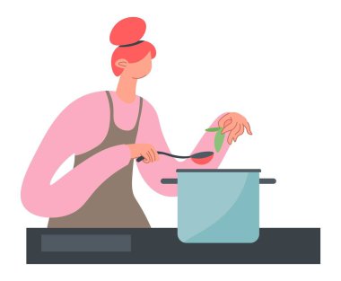 Kadın çorba hazırlıyor, kız yemek pişiriyor ve yiyor.