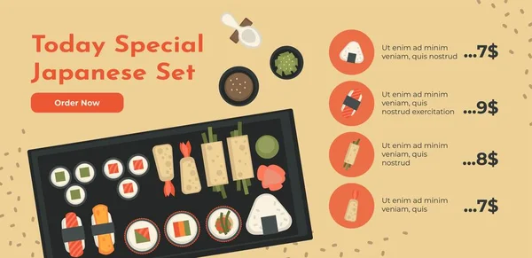 Aujourd'hui set spécial japonais, menu avec prix web — Image vectorielle