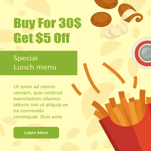 Спеціальне меню обіду картопля фрі у продажу на веб-сайті — стоковий вектор