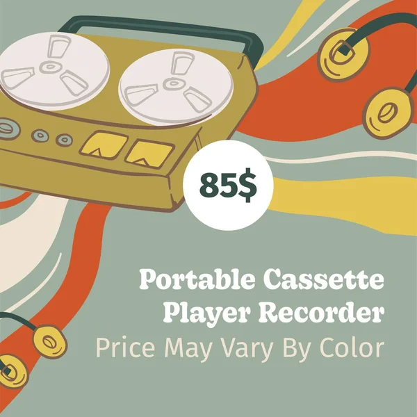 Портативный кассетный плеер, цена может варьироваться в зависимости от цвета — стоковый вектор