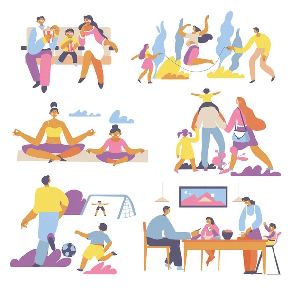Aile dinlenmesi ve rahatlama, yoga ve spor açık havada. — Stok Vektör