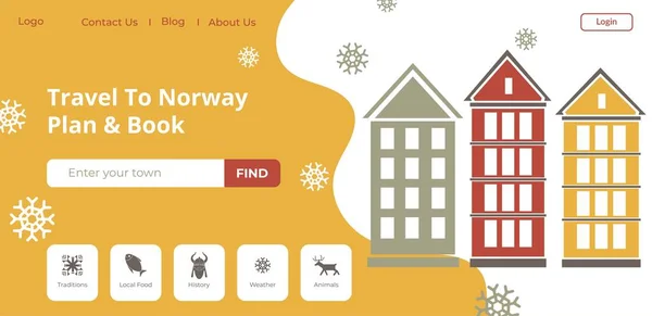Viajar para a Noruega plano e livro, site da agência —  Vetores de Stock
