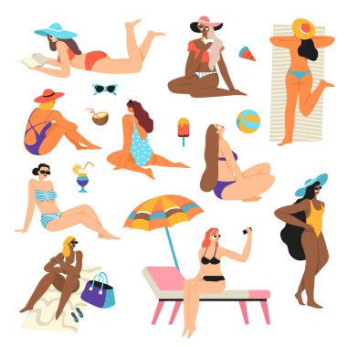 Sahilde dinlenen insanlar, deniz kenarında yaz tatili.