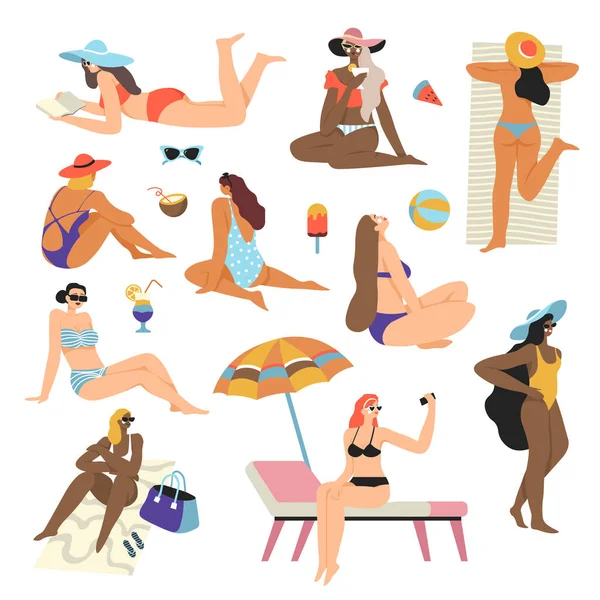 Lidé odpočívající na pláži, letní dovolená u moře — Stockový vektor
