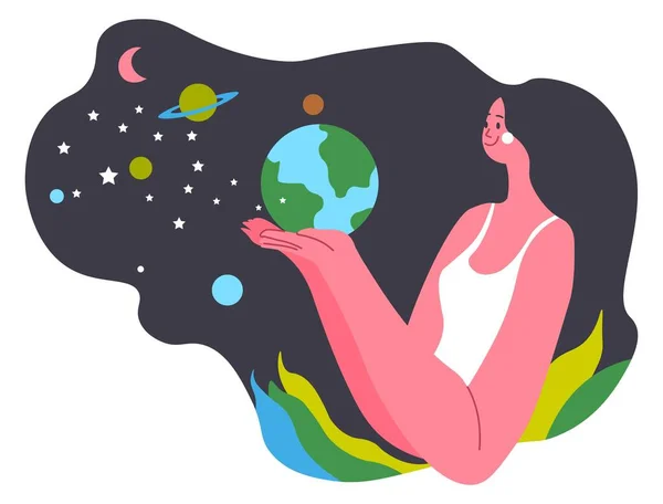 Mulher com planeta e estrelas, personagem feminina —  Vetores de Stock