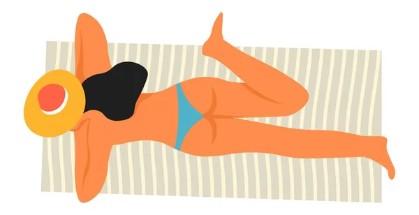 Mujer tomando el sol por la playa, descanso de vacaciones junto al mar — Vector de stock