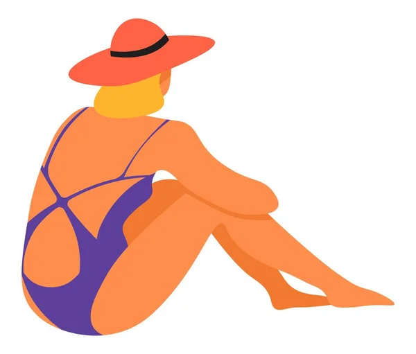 Mujer en traje de baño y sombrero sentado junto a la playa — Archivo Imágenes Vectoriales