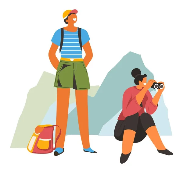 Pareja de senderismo y trekking, descanso montañismo — Vector de stock