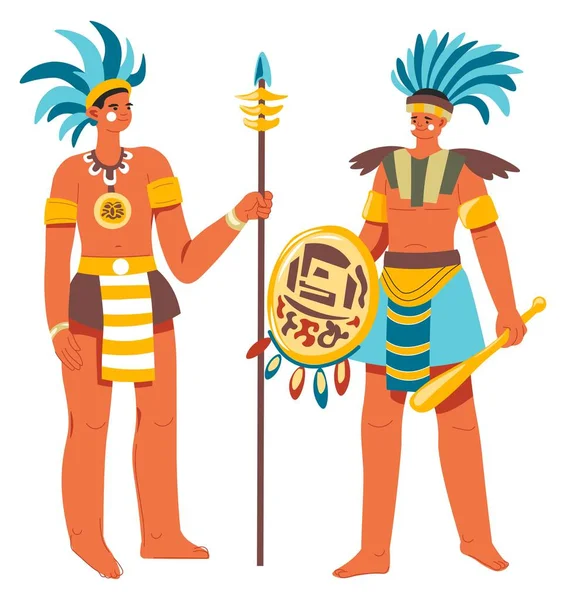 Povo maia, guerreiros com vetor de armas de lança —  Vetores de Stock