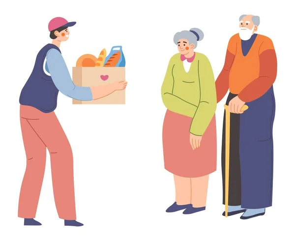 Volontär som hjälper seniorer, matleveranser — Stock vektor