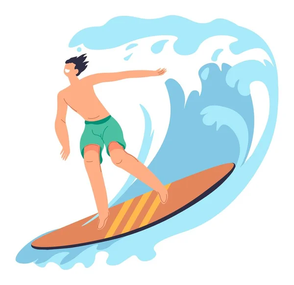 Hombre surfeando en ola, actividades de verano y diversión — Archivo Imágenes Vectoriales