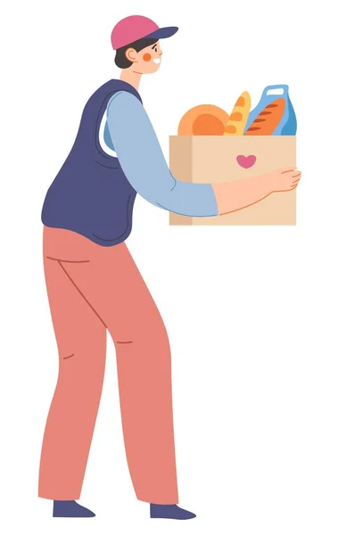 Volunteer with bag of food, volunteering charity — Stock Vector