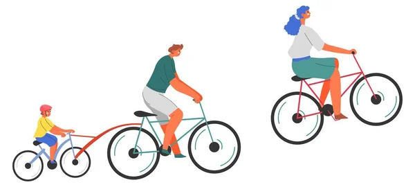 Mother and father with boy kid riding bicycles — Image vectorielle