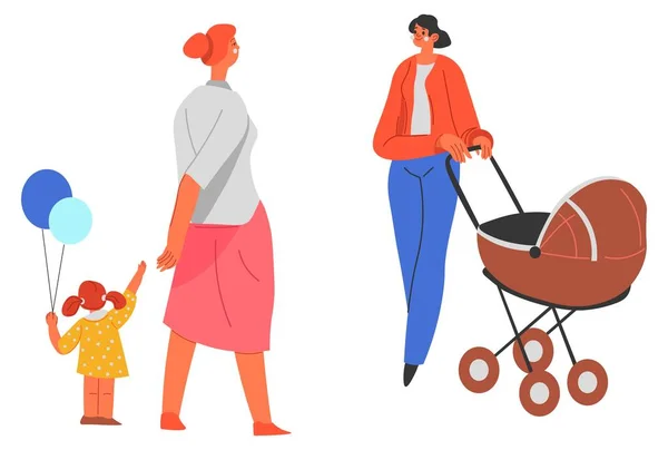 Anne, bebek arabasıyla kadın ve çocukla konuşuyor. — Stok Vektör