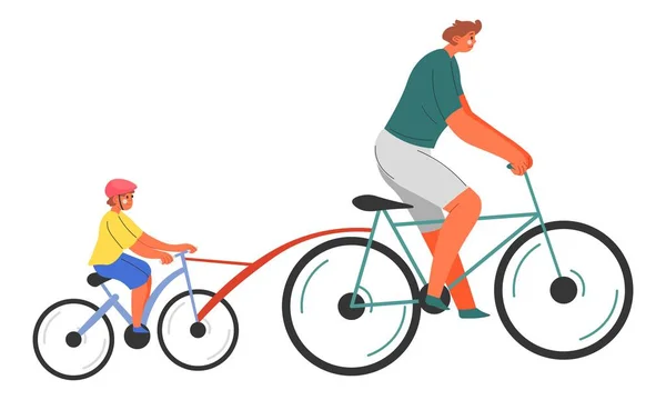 Dad and kid riding bicycle, father teaching child — стоковый вектор