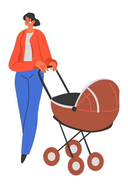 Mujer con perambulador, madre y bebé recién nacido — Vector de stock