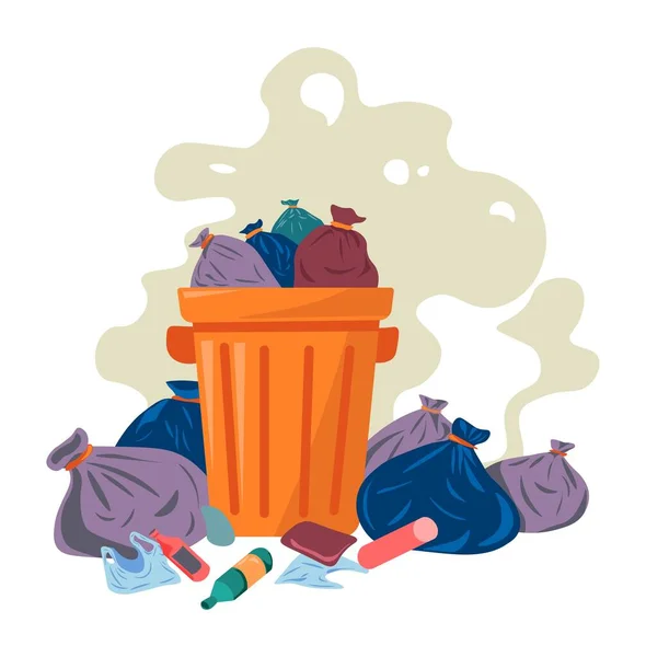 Sampah dapat dengan bau sampah dan sampah dalam tas - Stok Vektor