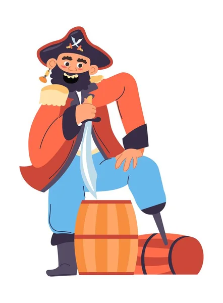 One leg pirate with wooden barrels of rum kegs — Vetor de Stock