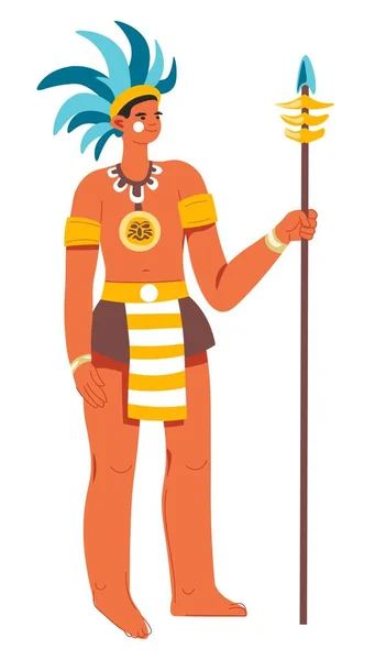 Maya prajurit, pria dengan tombak dan topi bulu - Stok Vektor