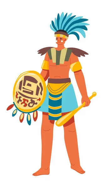 Ancient aztec warrior holding shield, maya soldier — Stock Vector