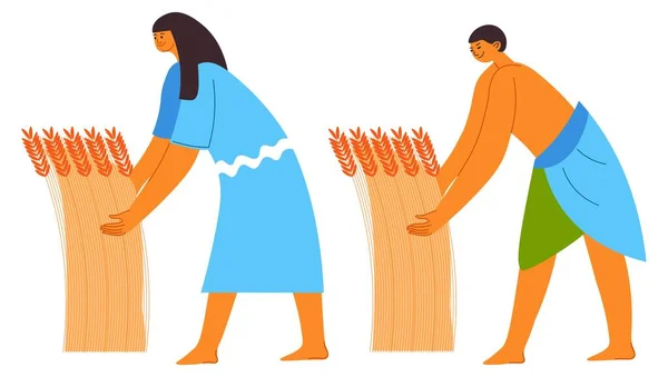 Ancient egypt people working on field with wheat — Vector de stoc