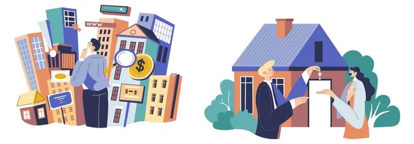 Агент по недвижимости дает ключ, покупая или сдавая в аренду — стоковый вектор