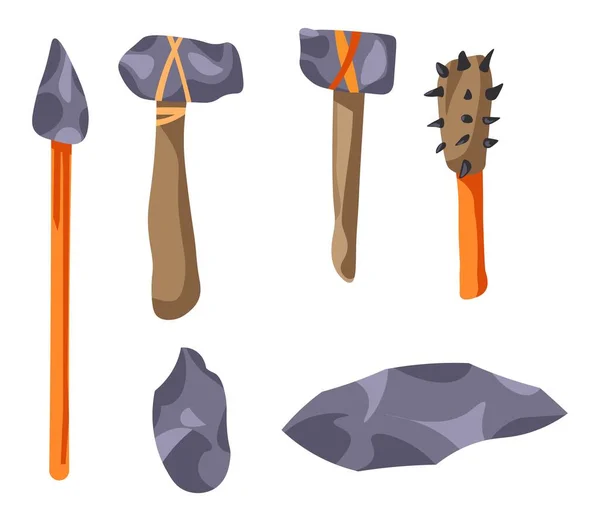 Zestaw prehistorycznych ręcznych narzędzi i włóczni do kamienia — Wektor stockowy