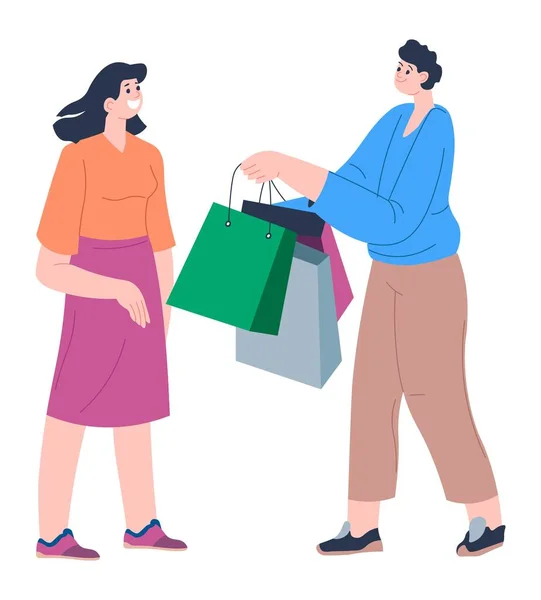 与购物袋在商场或市场载体购物的夫妇 — 图库矢量图片