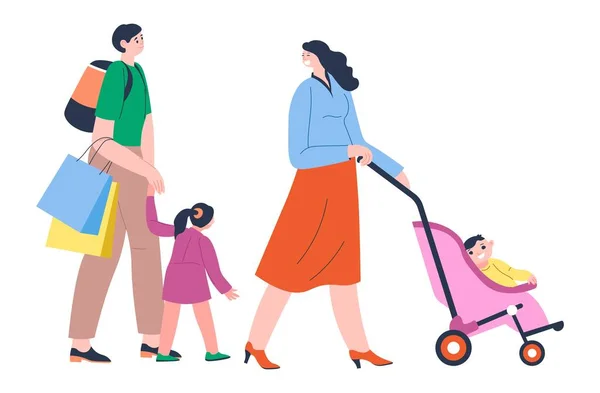 Compras familiares, pareja con niños caminando — Vector de stock